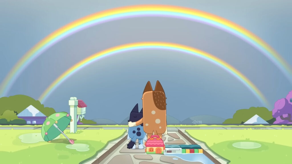 Two animated dogs hug while watching a double rainbow.